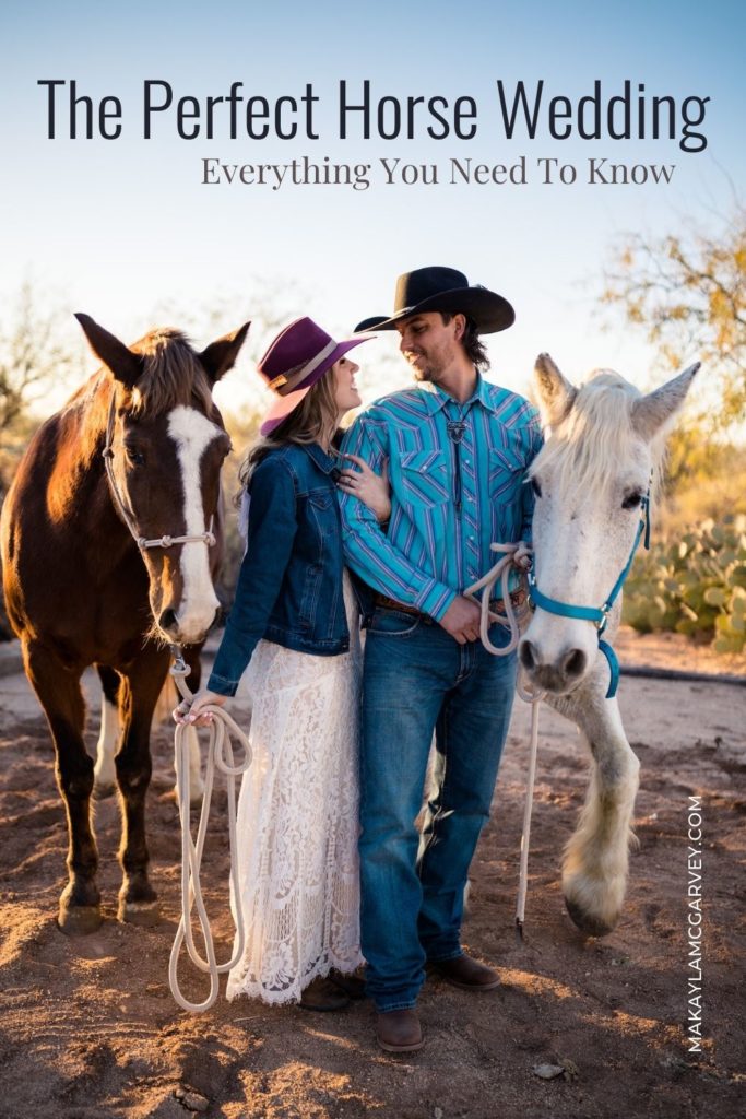 A bride and room smile at each other while holding ropes attached to their horses during their wedding. Image by Makayla McGarvey and overlaid with text that reads The Perfect House Wedding Everything You Need to Know.