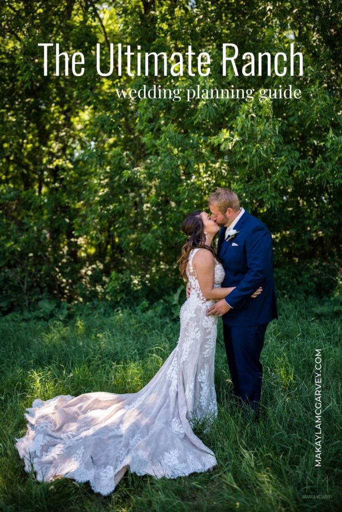 Bride and groom sharing a kiss in a lush green location at a ranch; image overlaid with text that reads The Ultimate Ranch Wedding Planning Guide