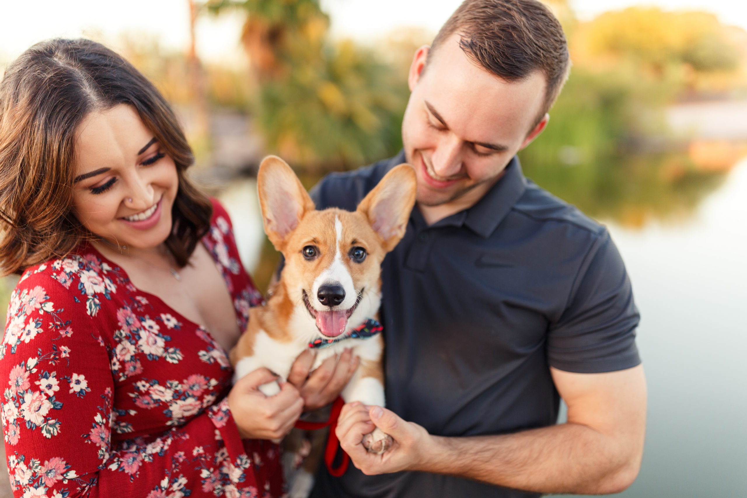 Engaged couple holds their adorable puppy during their photoshoot with Makayla McGarvey
