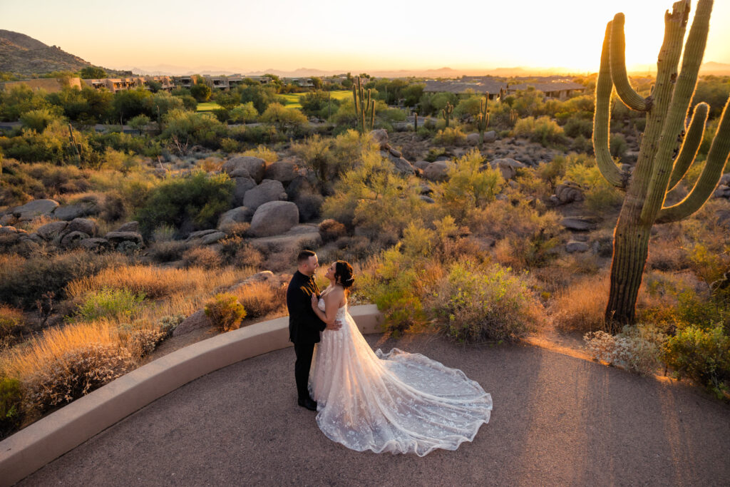 A couple stands facing each other at the Troon North wedding venue. The desert is behind them, with a tall saguaro cactus in the foreground. The bride's dress is flowing behind her.